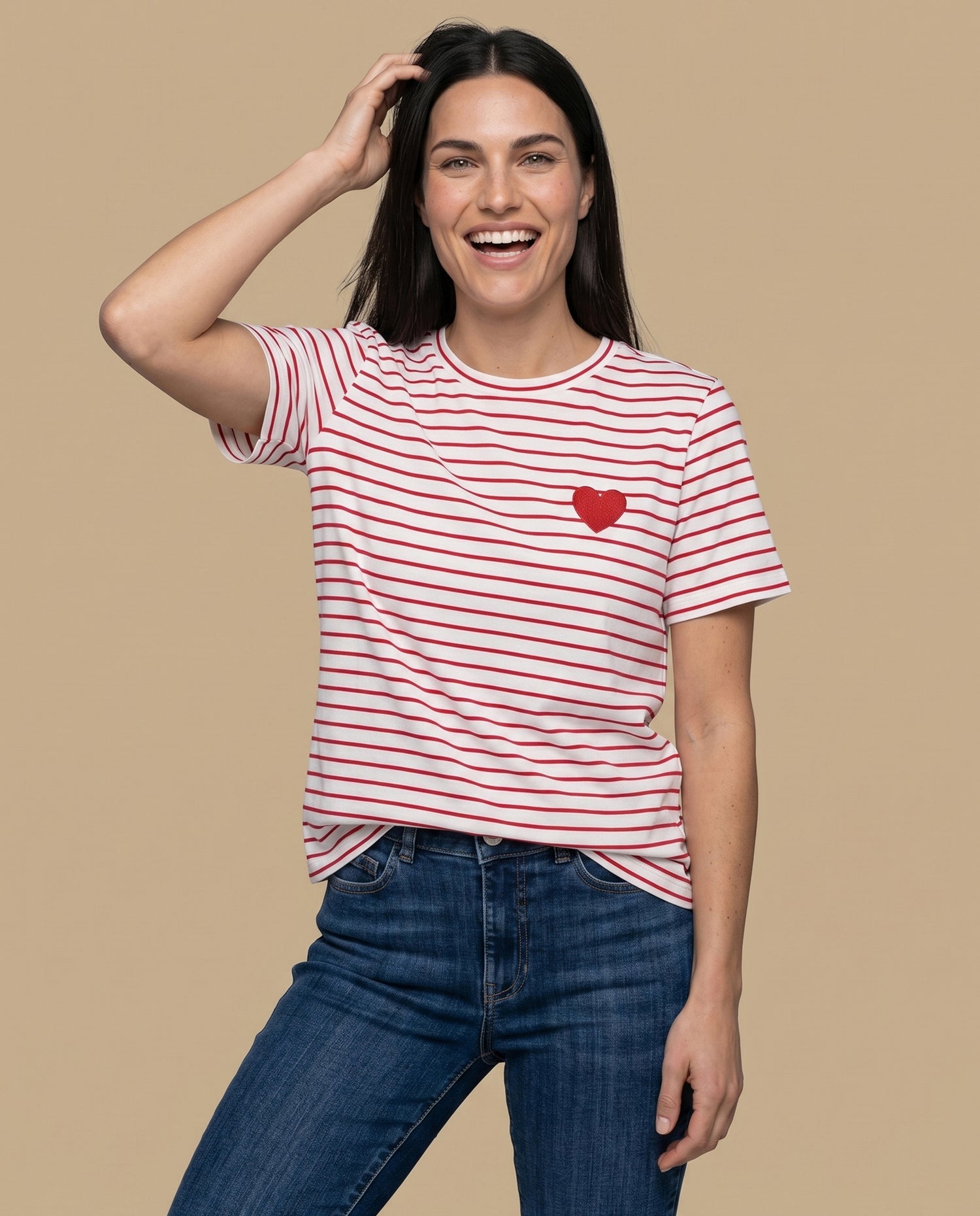Camiseta rayas manga corta bordada - Crudo