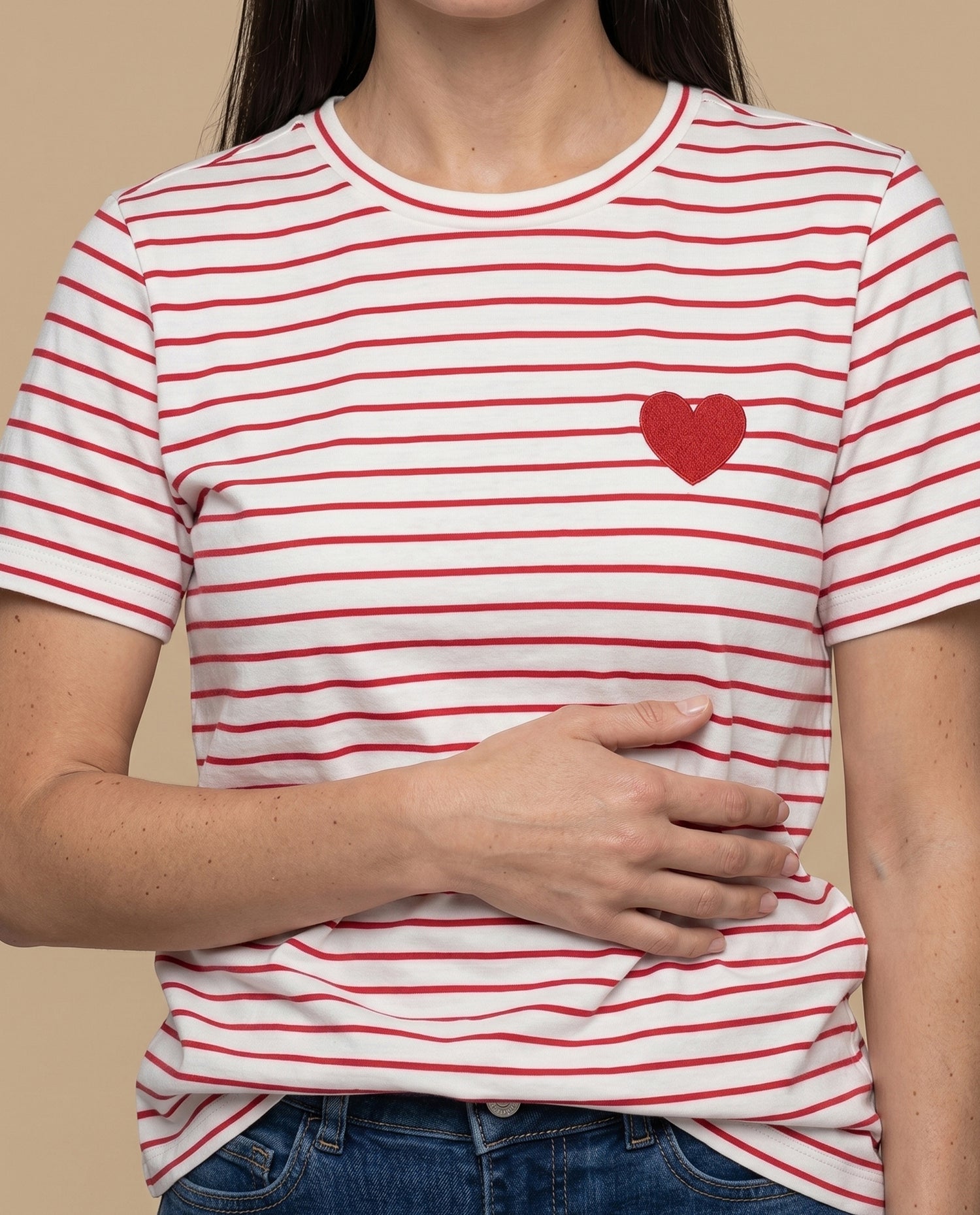 Camiseta rayas manga corta bordada - Crudo