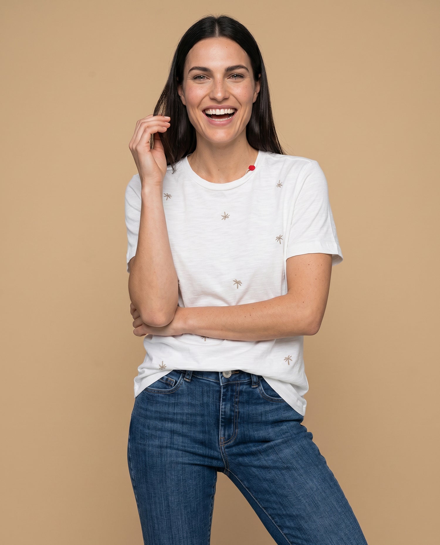 Camiseta manga corta bordada palmeras - Crudo