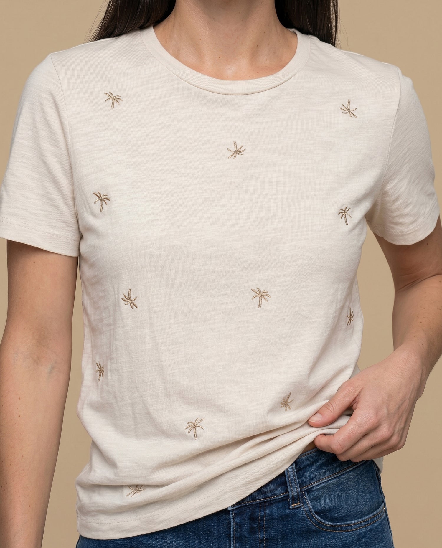 Camiseta manga corta bordada palmeras - Crudo