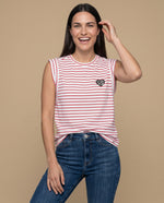 Camiseta rayas manga corta bordada - Crudo