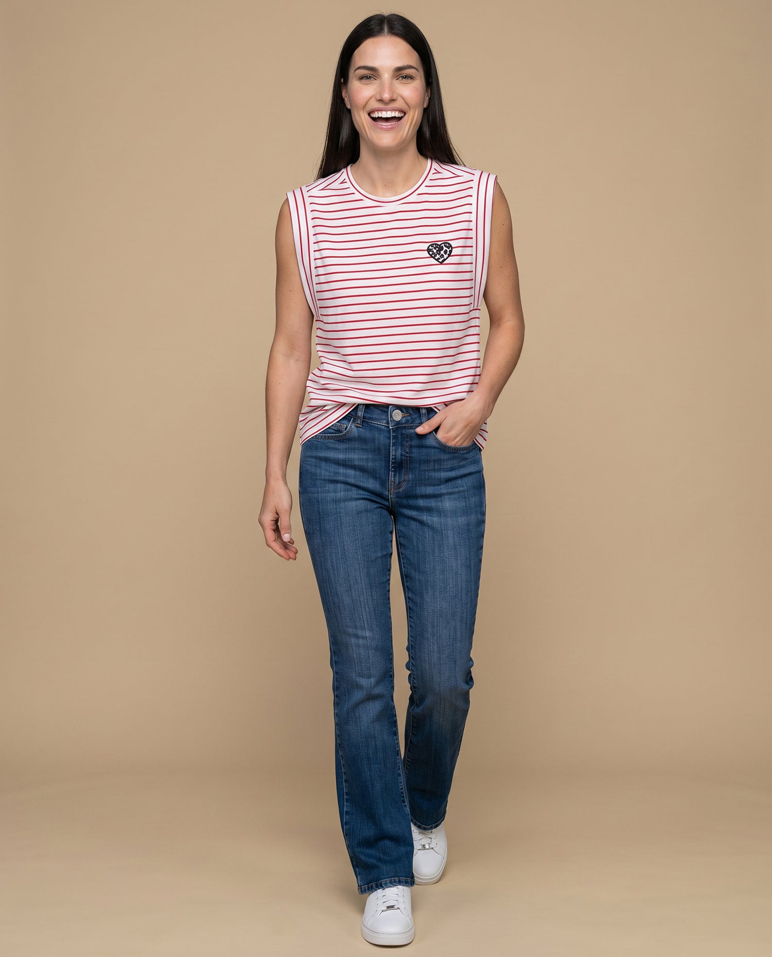 Camiseta rayas manga corta bordada - Crudo