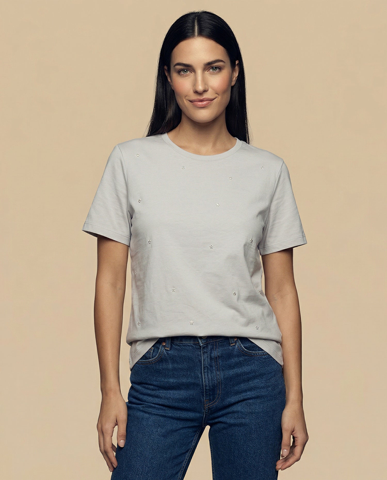 Camiseta cuello redondo con aplicaciones de pedrería - Gris