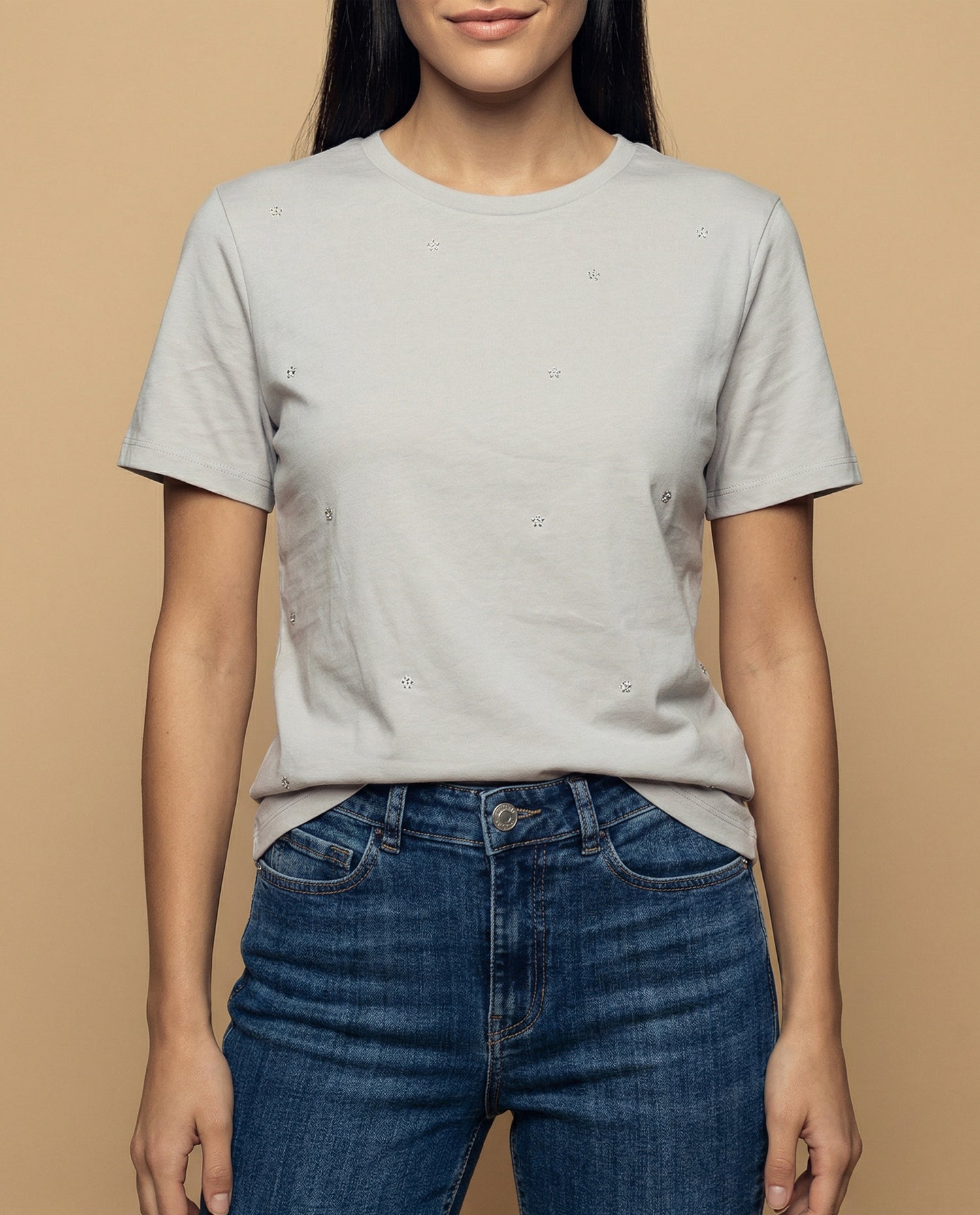 Camiseta cuello redondo con aplicaciones de pedrería - Gris