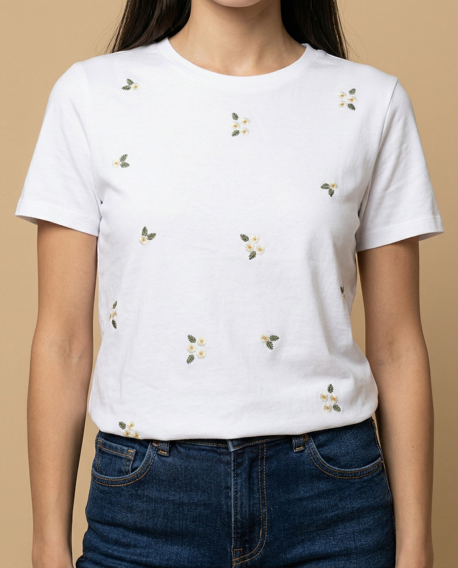 Camiseta bordada manga corta cuello redondo largo extendido - Crudo