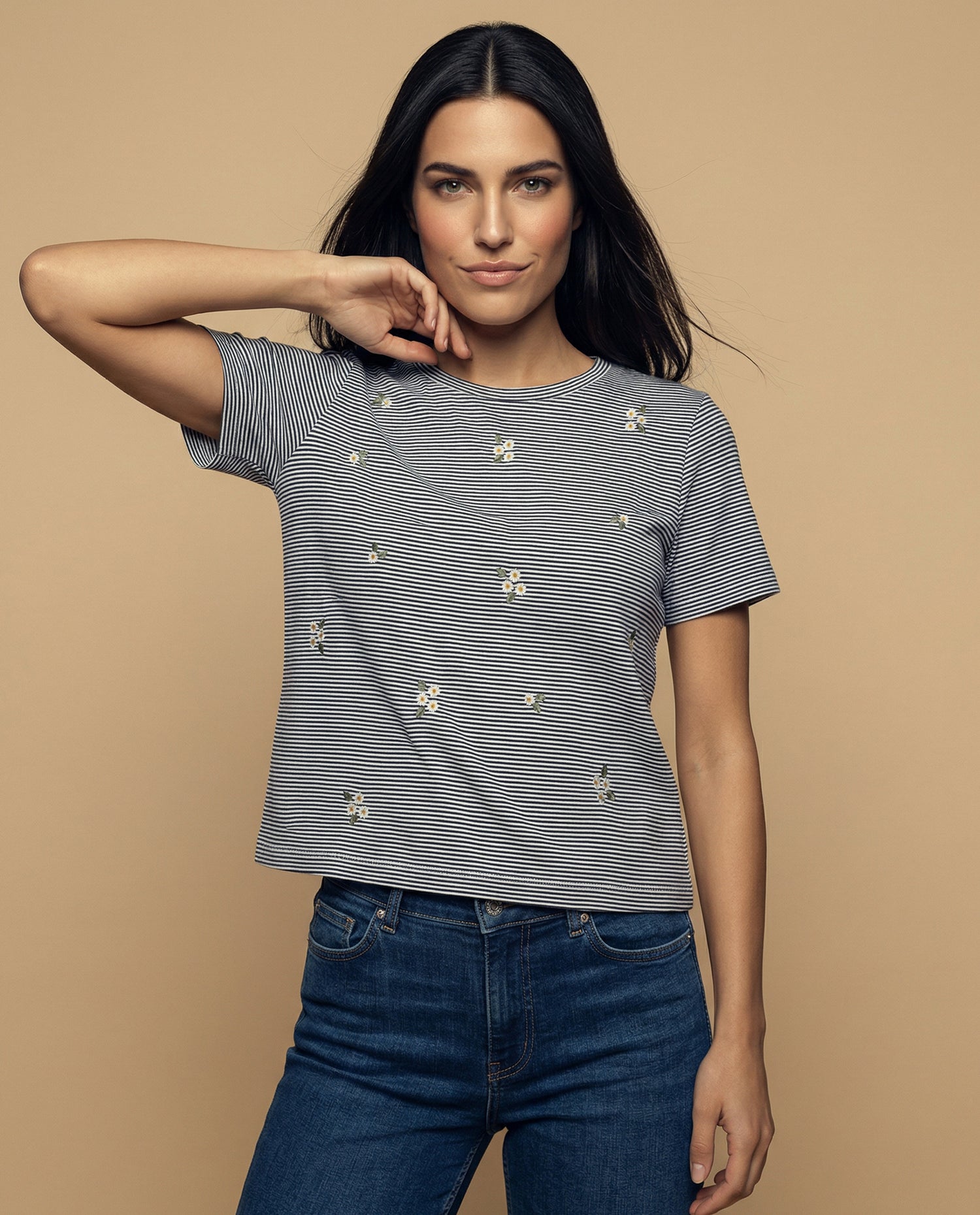 Camiseta bordada manga corta cuello redondo - Azul