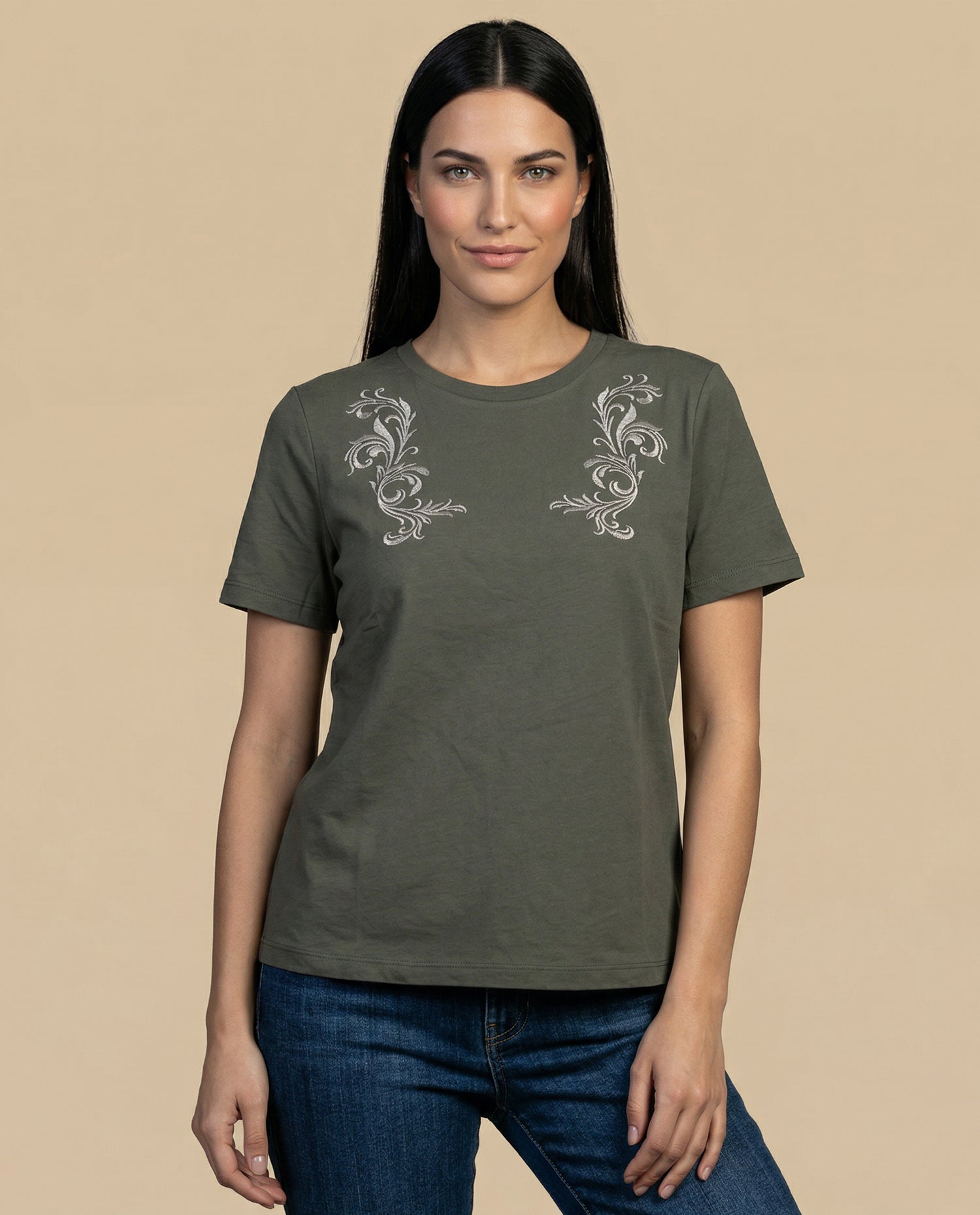 Camiseta bordada manga corta cuello redondo - Verde
