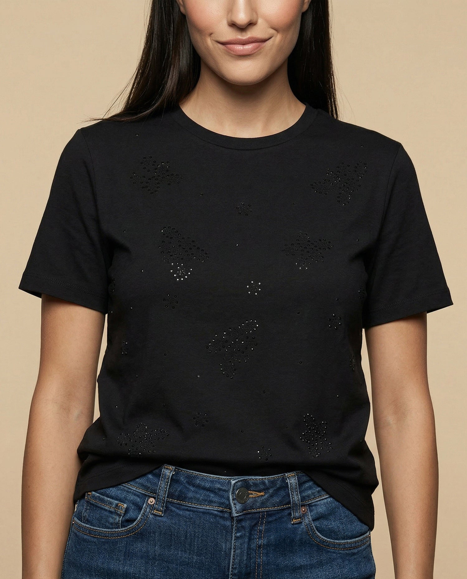 Camiseta bordada manga corta con largo extendido - Negro