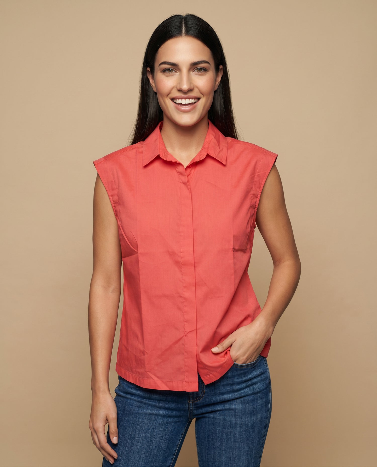 Camisa manga corta cuello camisero en algodón - Rojo