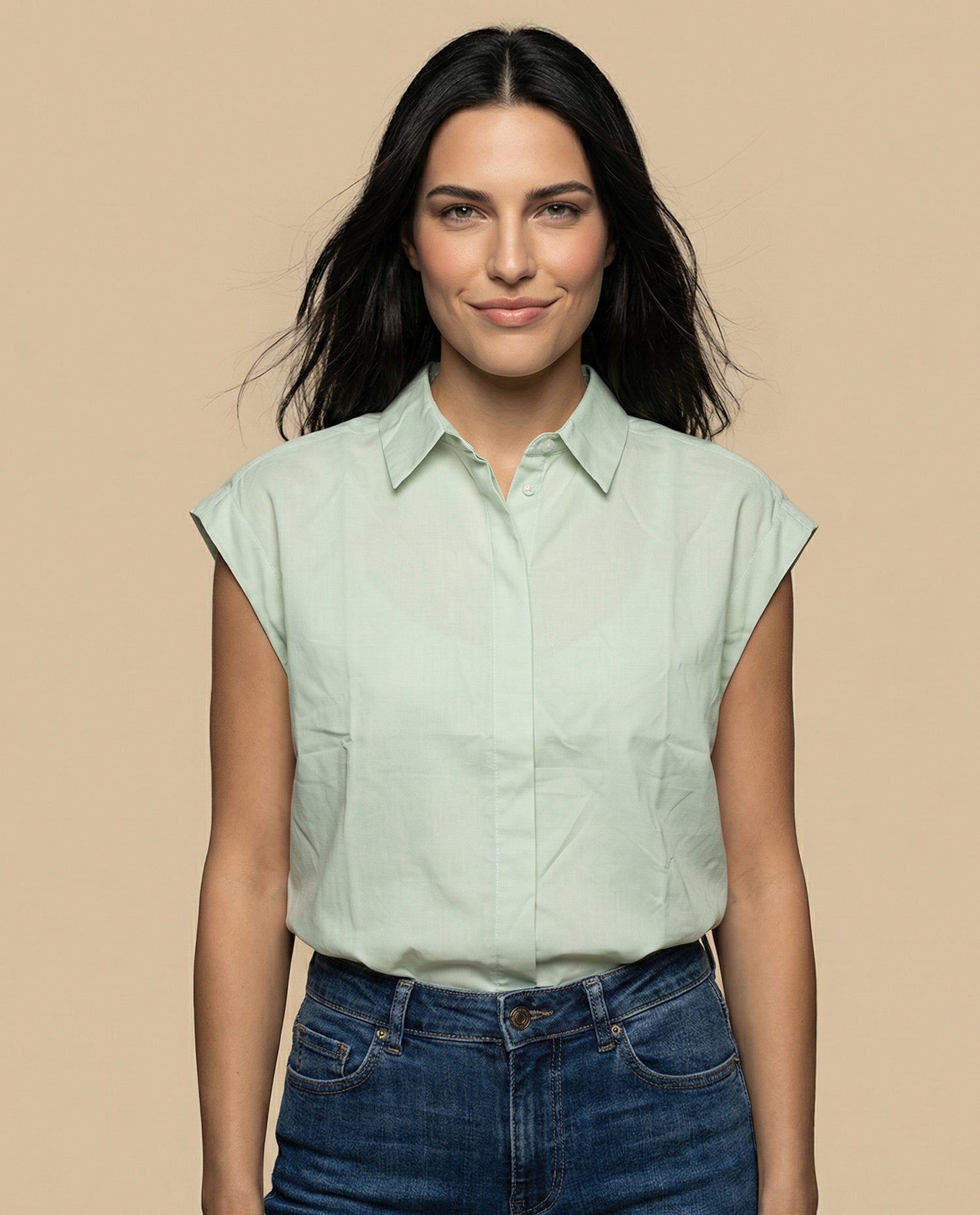 Camisa manga corta cuello camisero en algodón - Verde