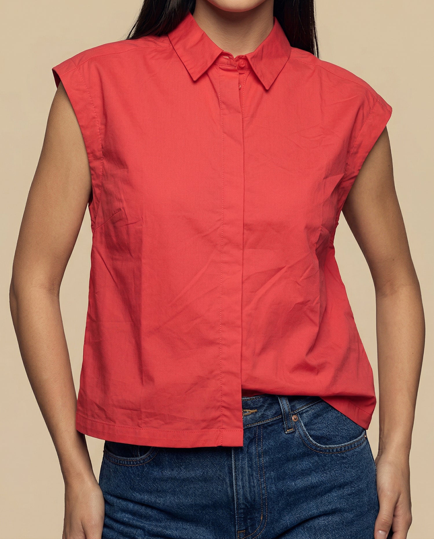 Camisa manga corta cuello camisero en algodón - Rojo