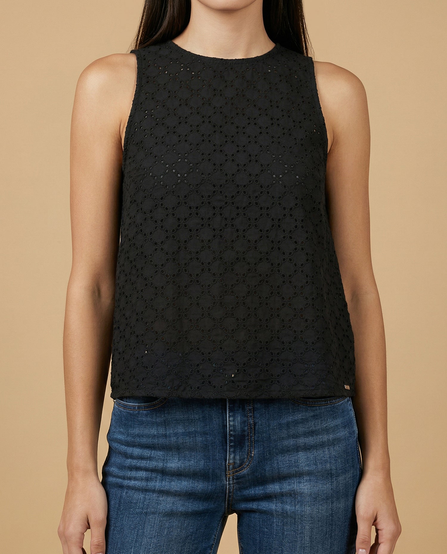 Camisa manga sisa de tejido con textura cuello redondo - Negro