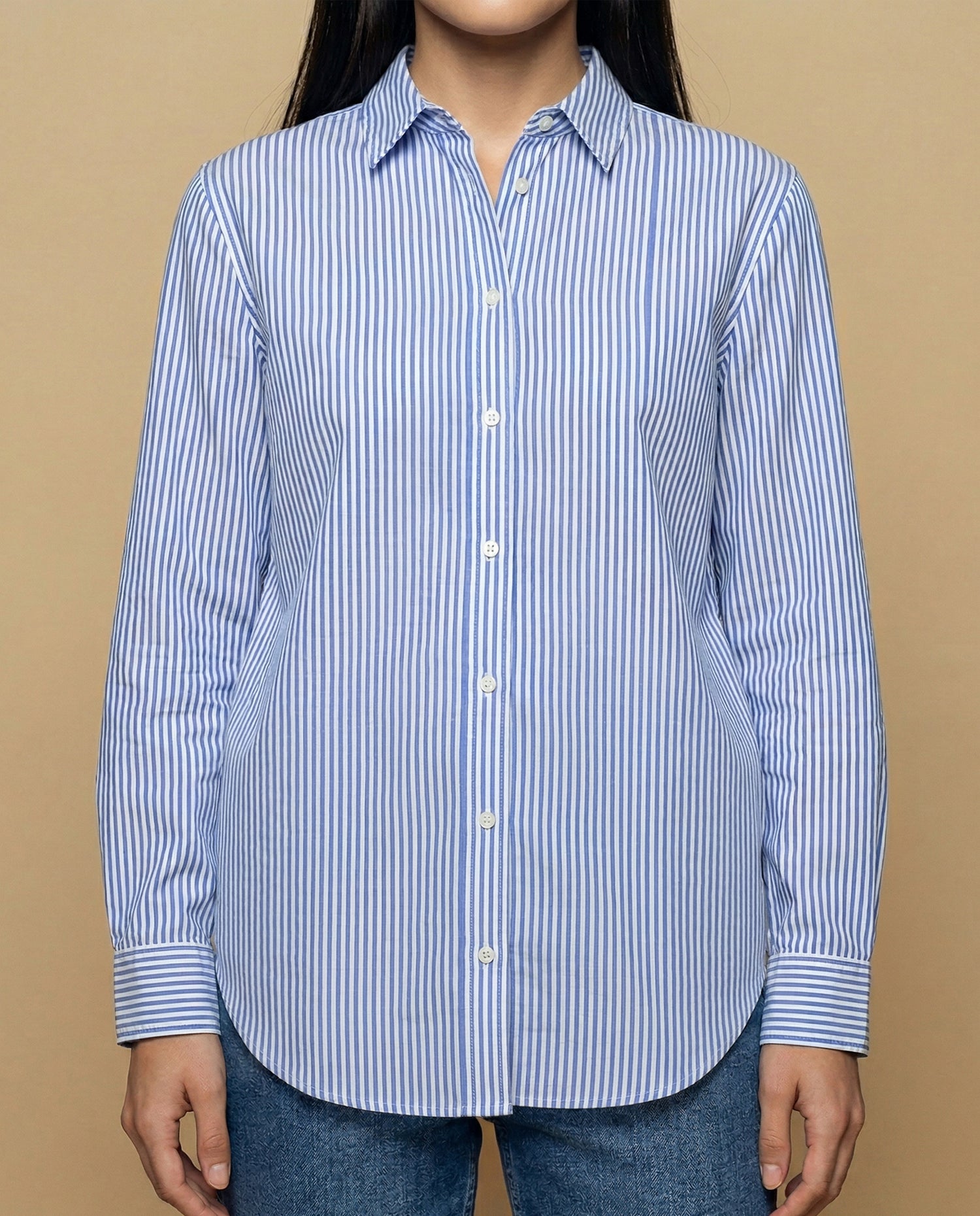 Camisa manga larga cuello camisero en algodón - Azul