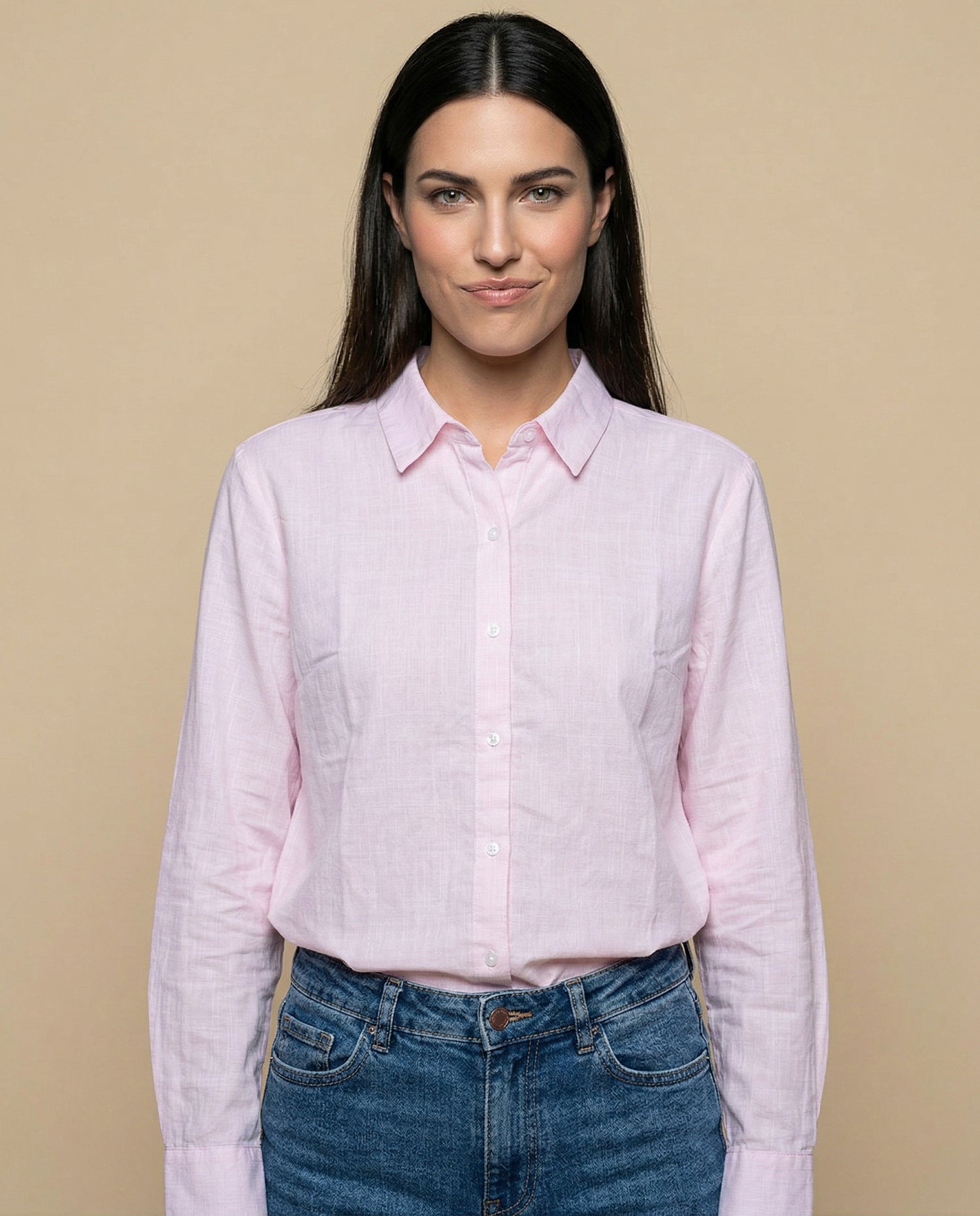 Camisa manga larga cuello camisero en algodón - Rosa