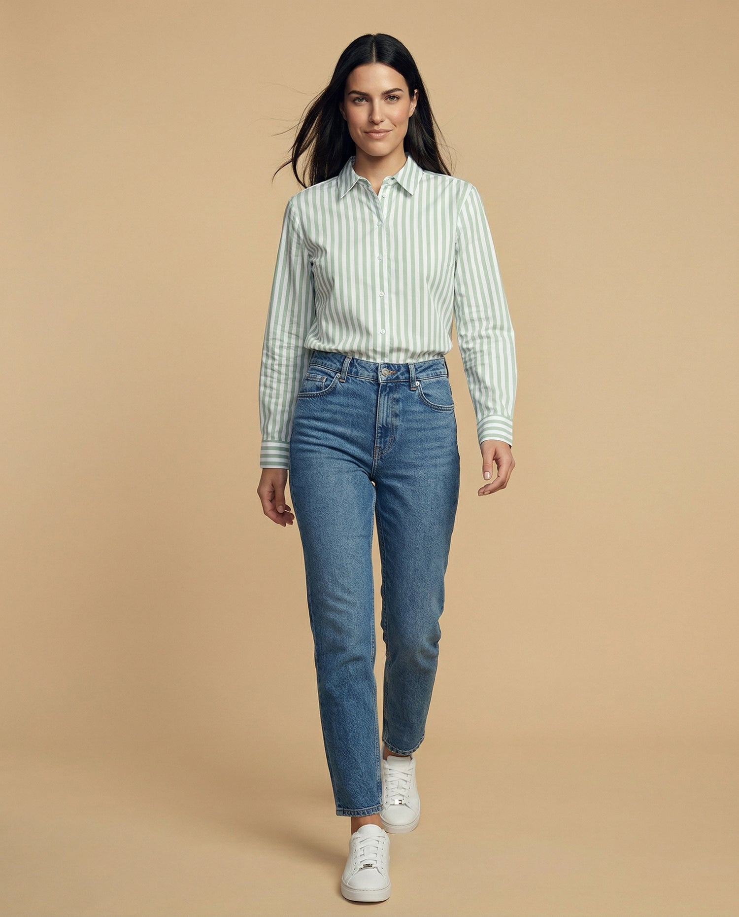 Camisa manga larga cuello camisero en algodón - Verde