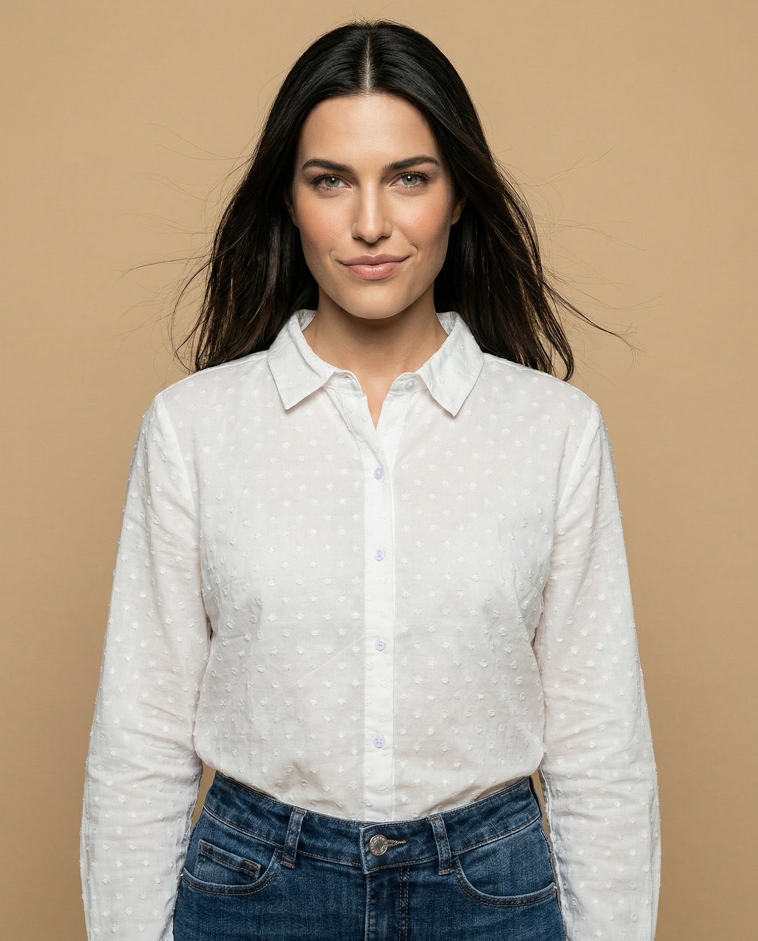 Camisa manga larga con textura de puntos en relieve - Blanco