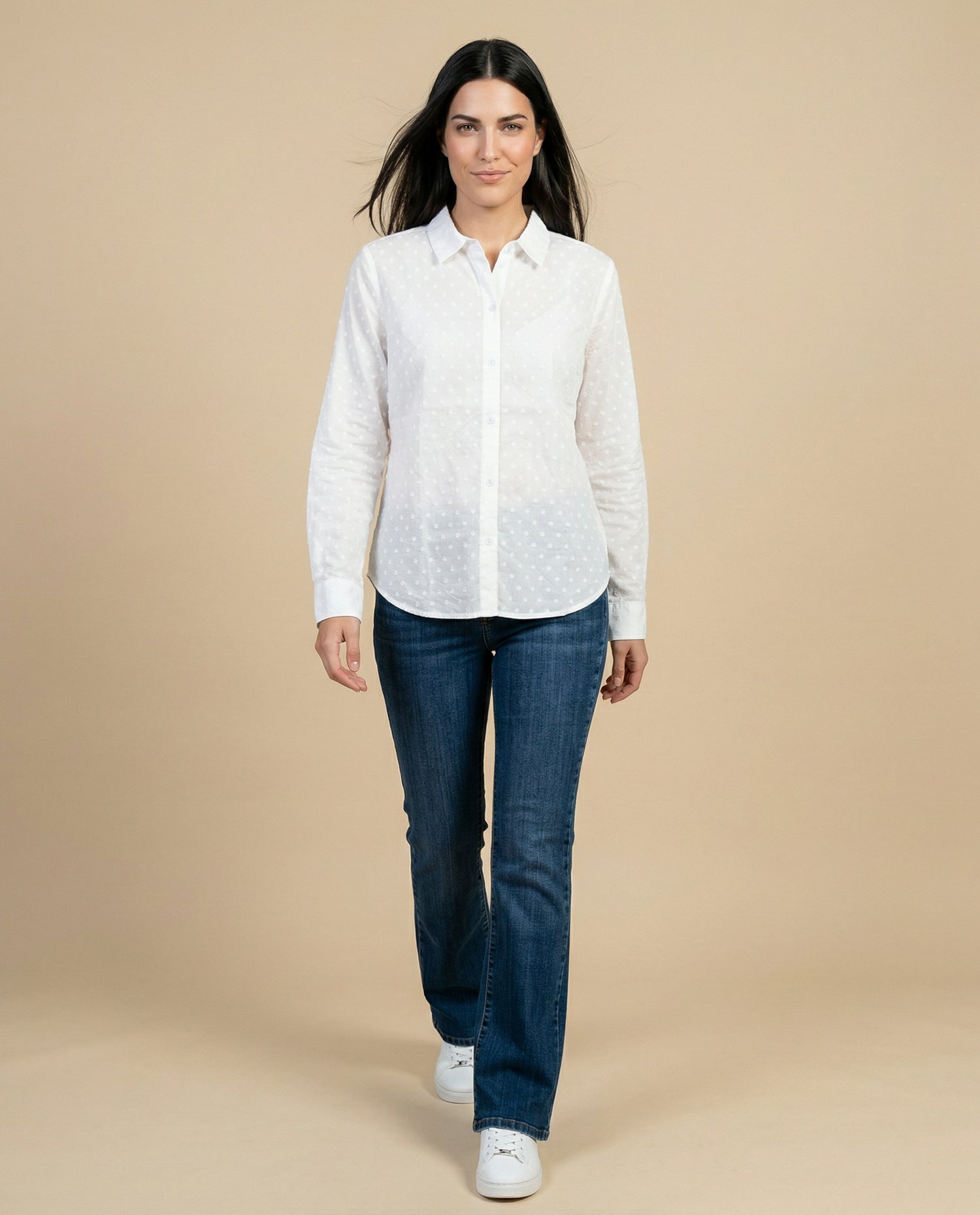 Camisa manga larga con textura de puntos en relieve - Blanco