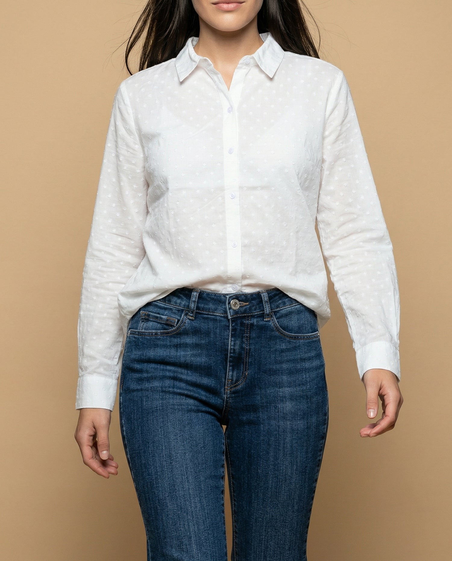 Camisa manga larga con textura de puntos en relieve - Blanco