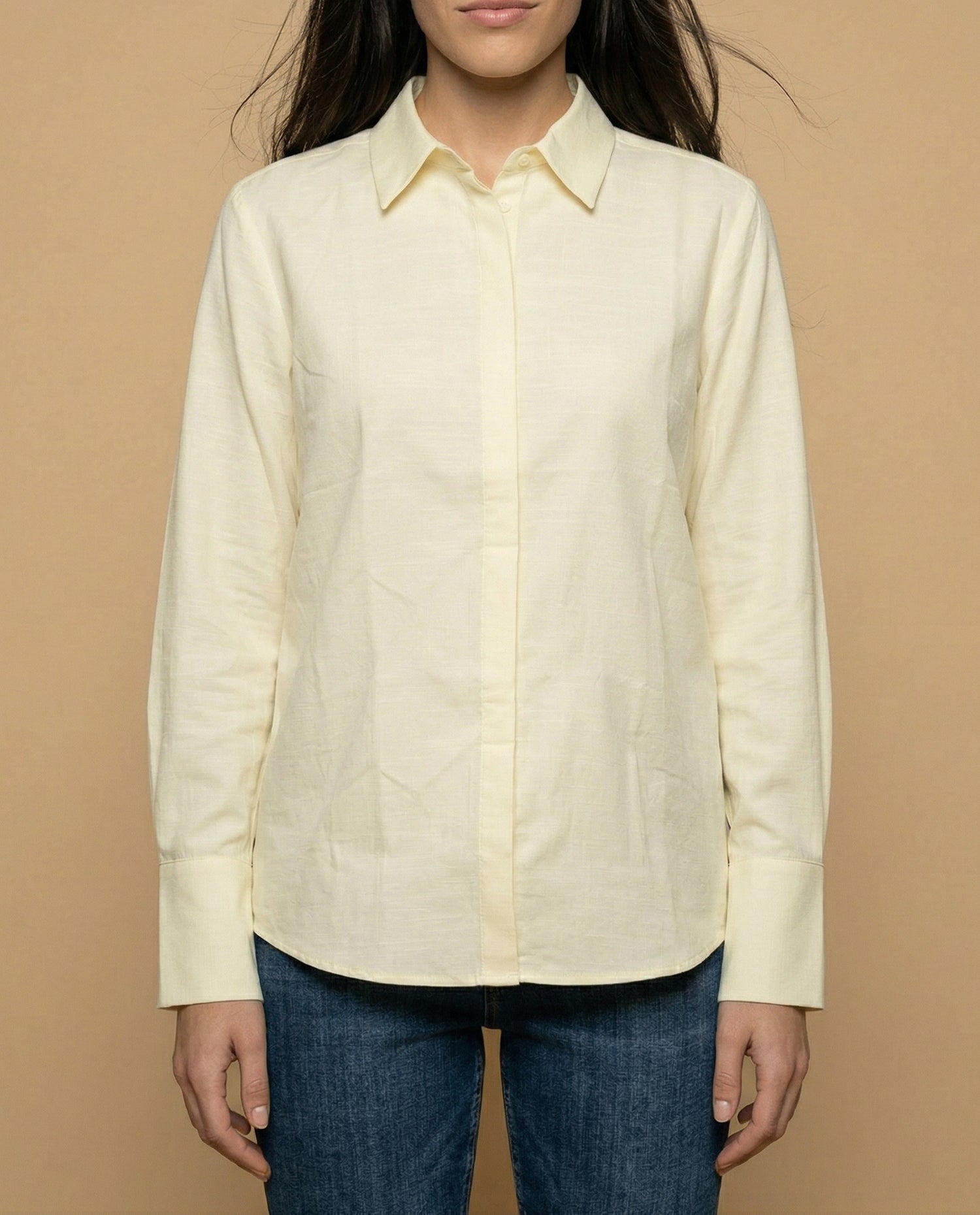 Camisa manga larga cuello camisero en algodón - Amarillo