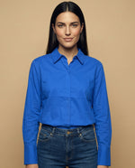 Camisa manga larga cuello camisero en algodón - Azul