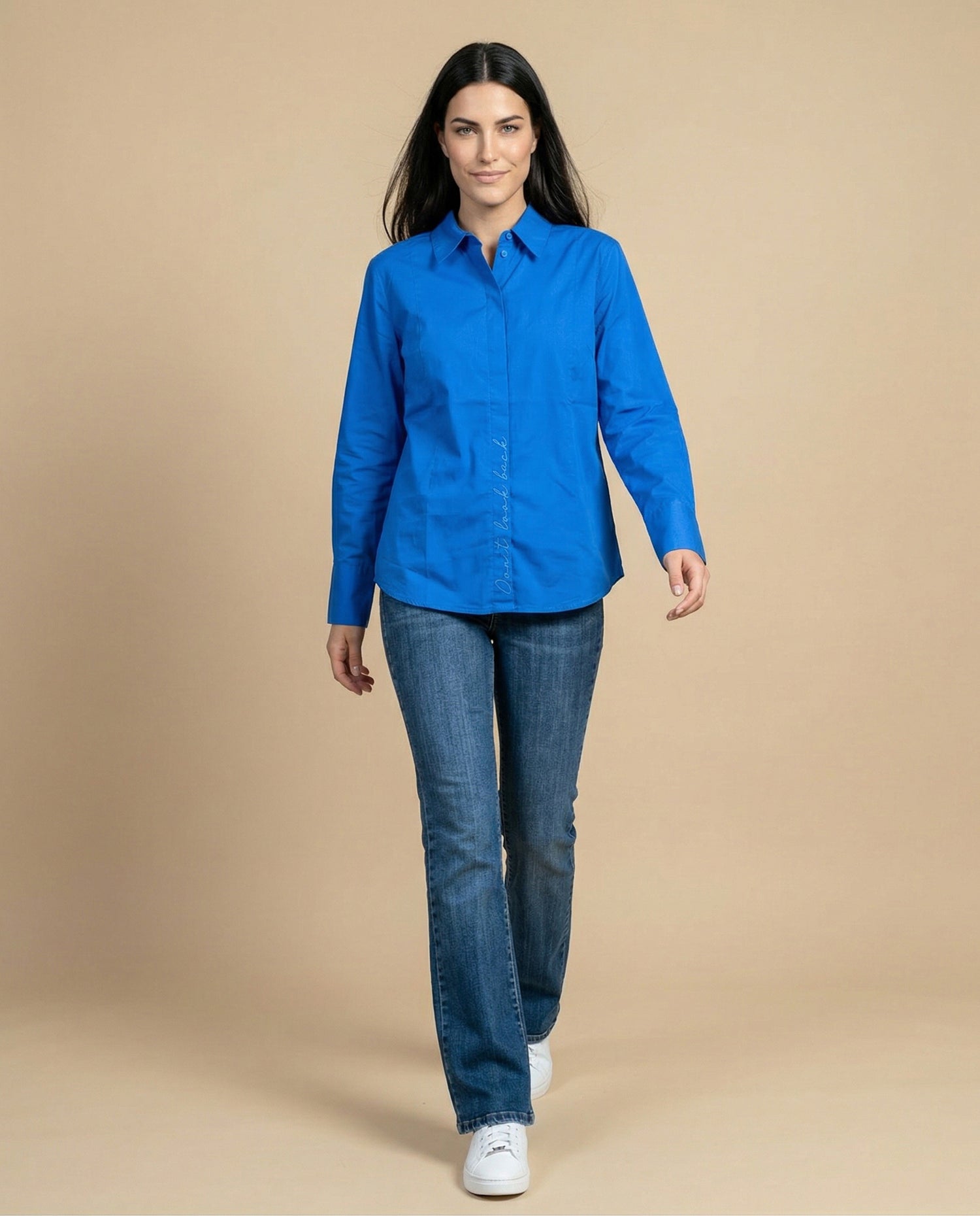 Camisa manga larga cuello camisero en algodón - Azul