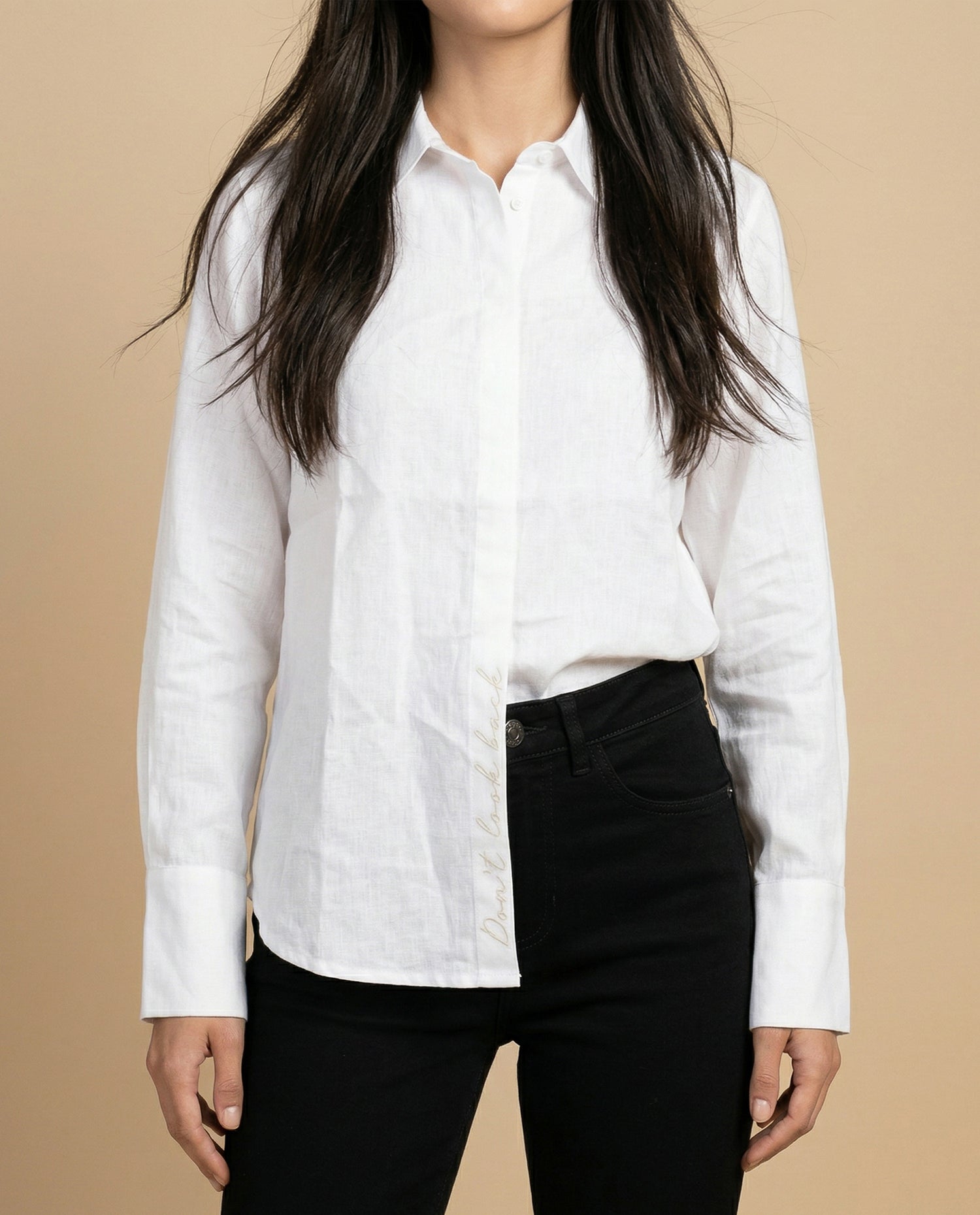 Camisa camisera manga larga con mezcla de lino - Blanco