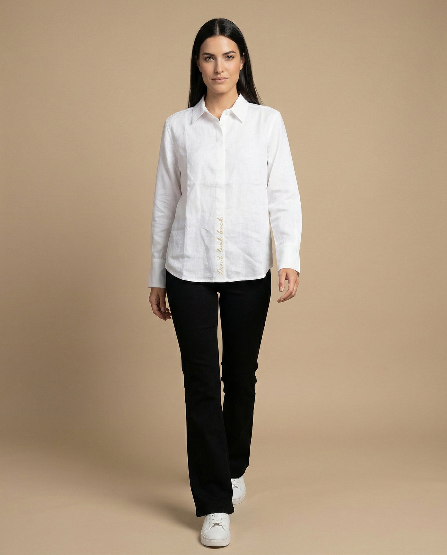 Camisa camisera manga larga con mezcla de lino - Blanco