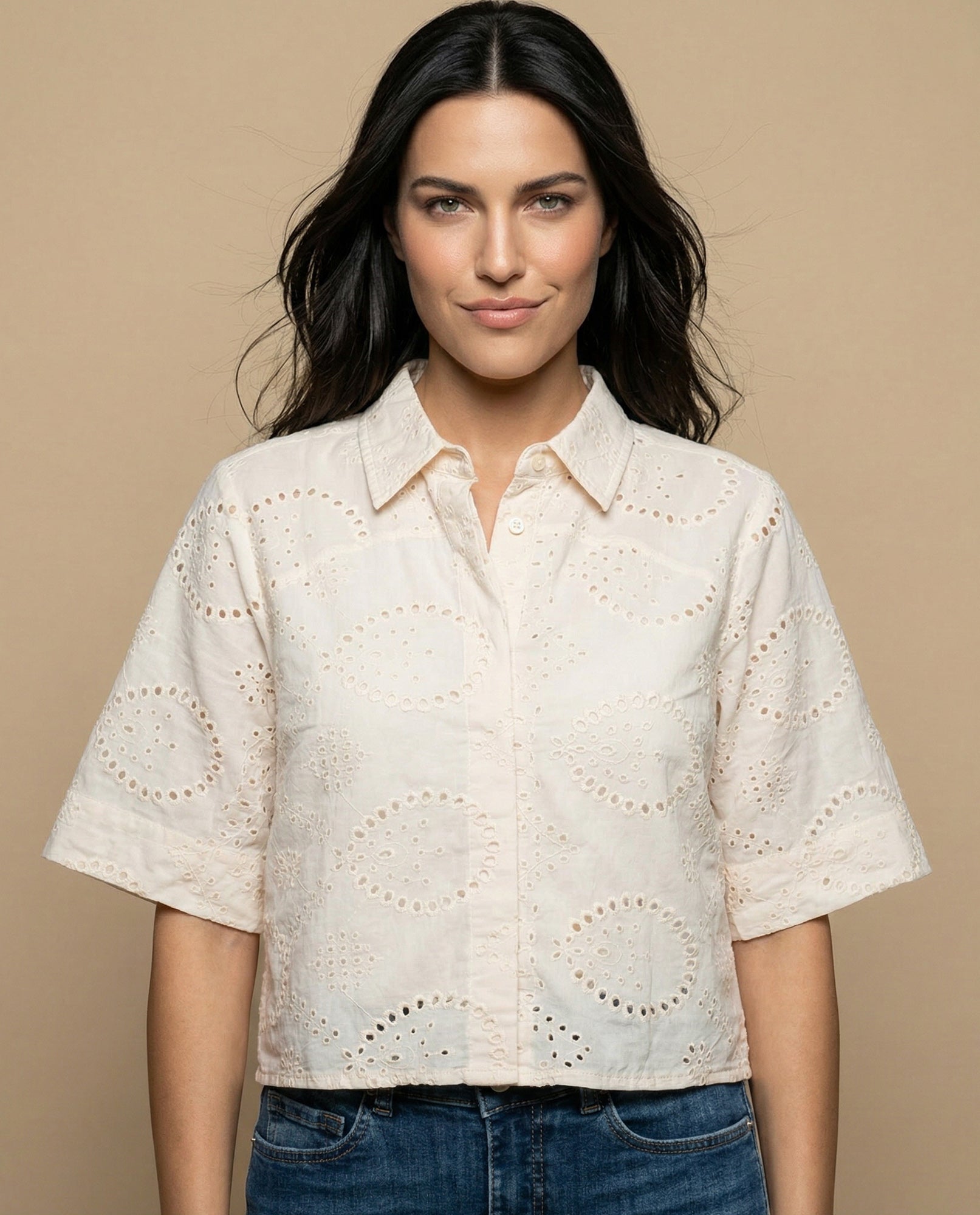 Camisa tejido con textura manga 3/4 cuello camisero - Amarillo 34_912H013_AMA120709_0