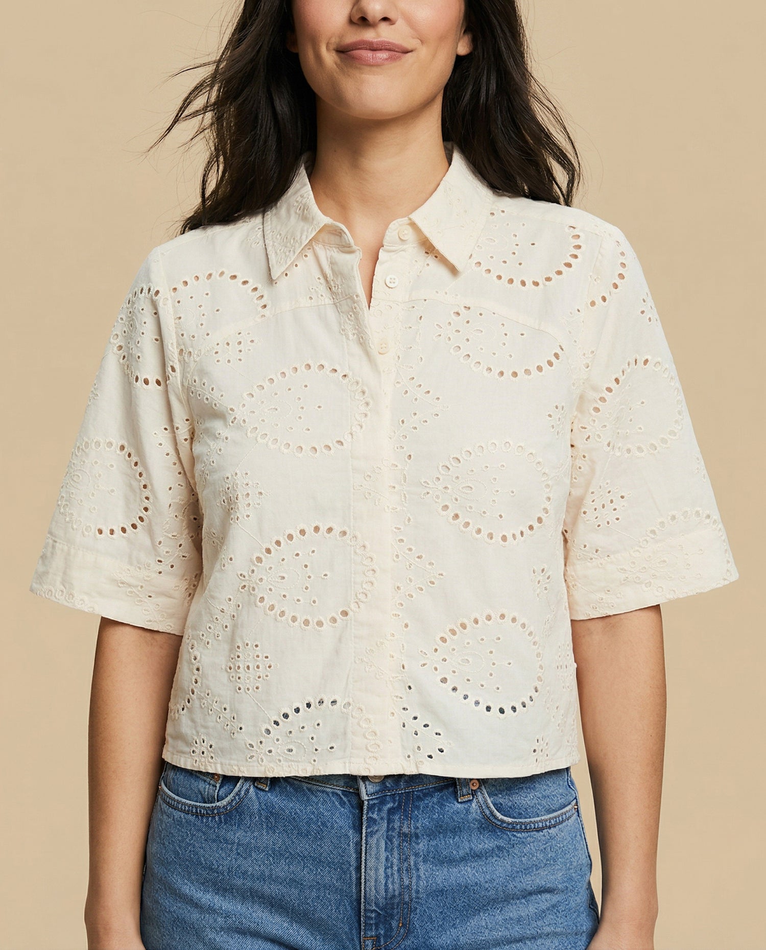 Camisa tejido con textura manga 3/4 cuello camisero - Amarillo