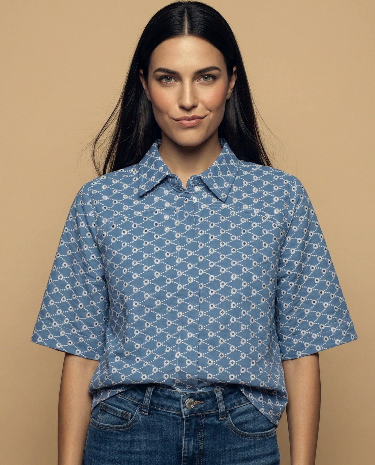 Camisa tejido con textura manga 3/4 cuello camisero - Azul