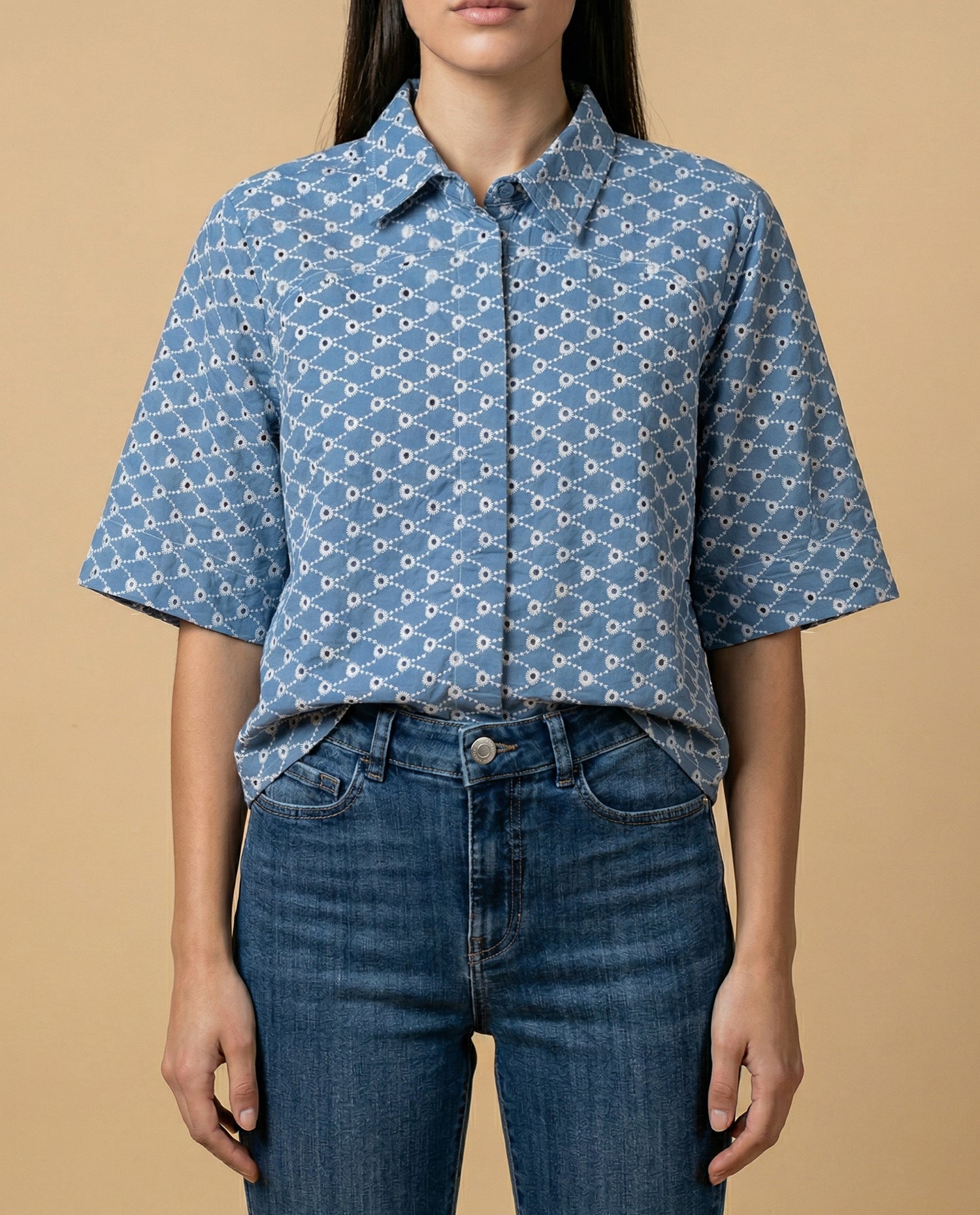 Camisa tejido con textura manga 3/4 cuello camisero - Azul