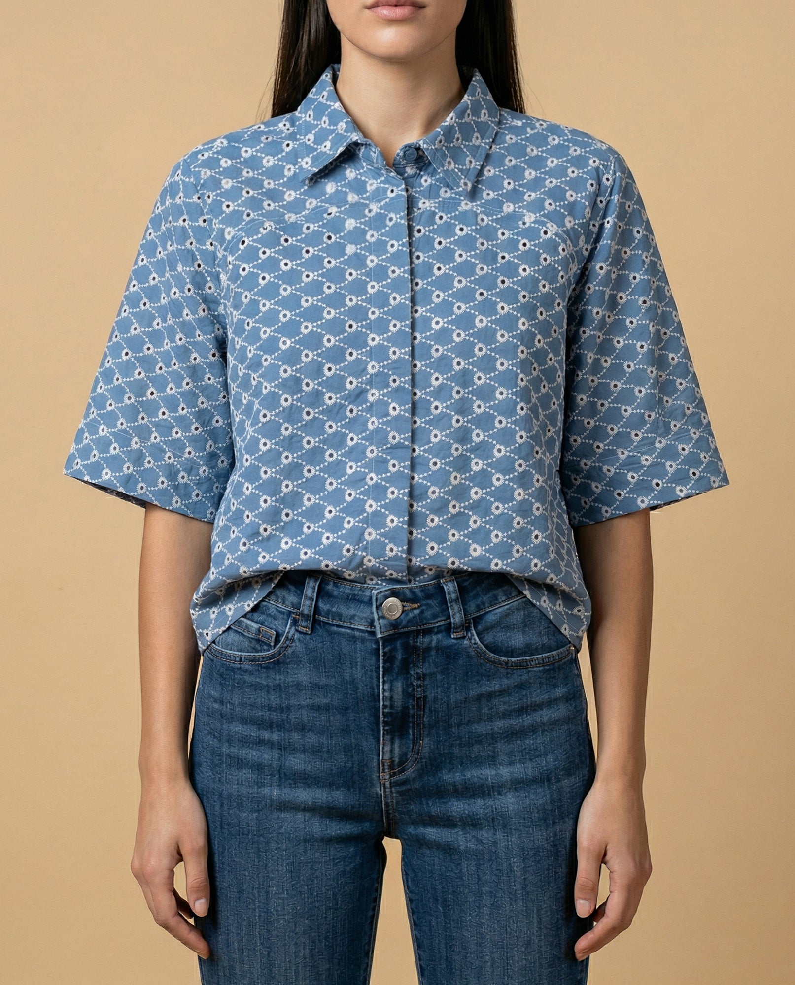 Camisa tejido con textura manga 3/4 cuello camisero - Azul 34_912H013_AZU173918_3