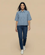 Camisa tejido con textura manga 3/4 cuello camisero - Azul