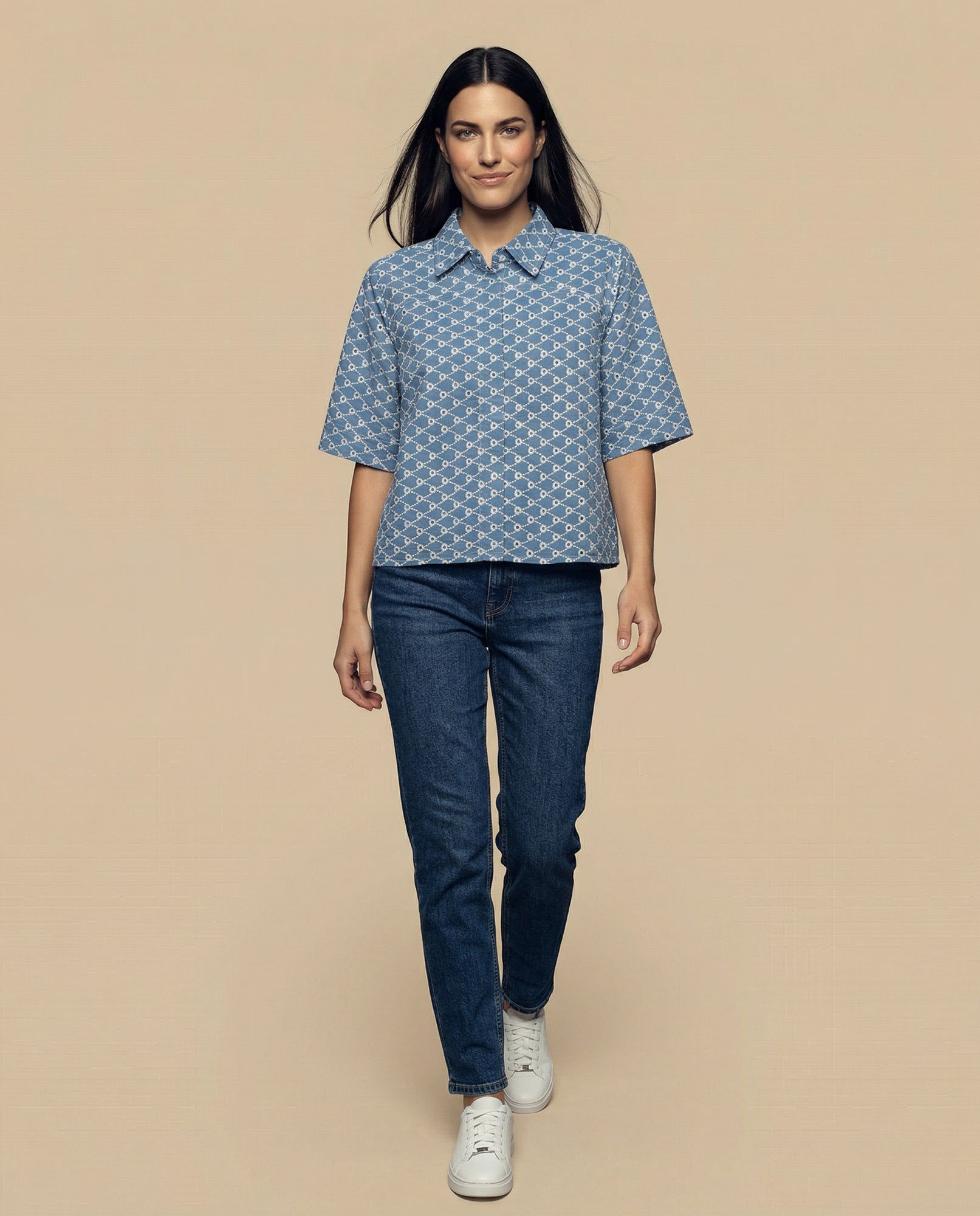 Camisa tejido con textura manga 3/4 cuello camisero - Azul 34_912H013_AZU173918_5