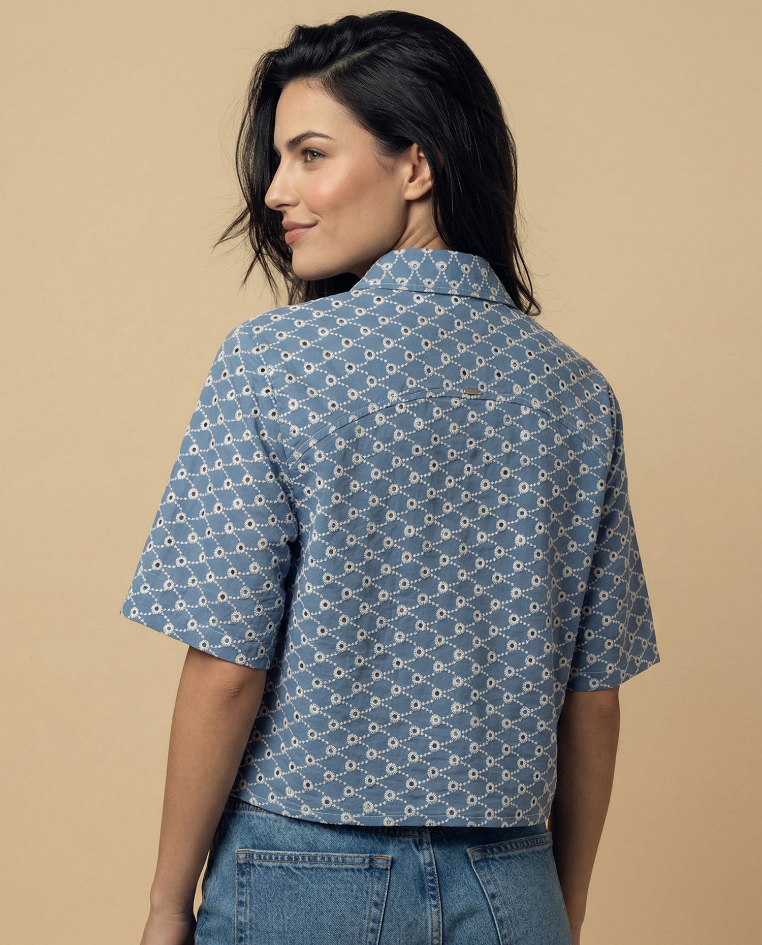 Camisa tejido con textura manga 3/4 cuello camisero - Azul