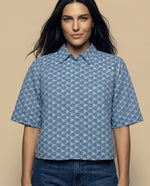 Camisa tejido con textura manga 3/4 cuello camisero - Azul