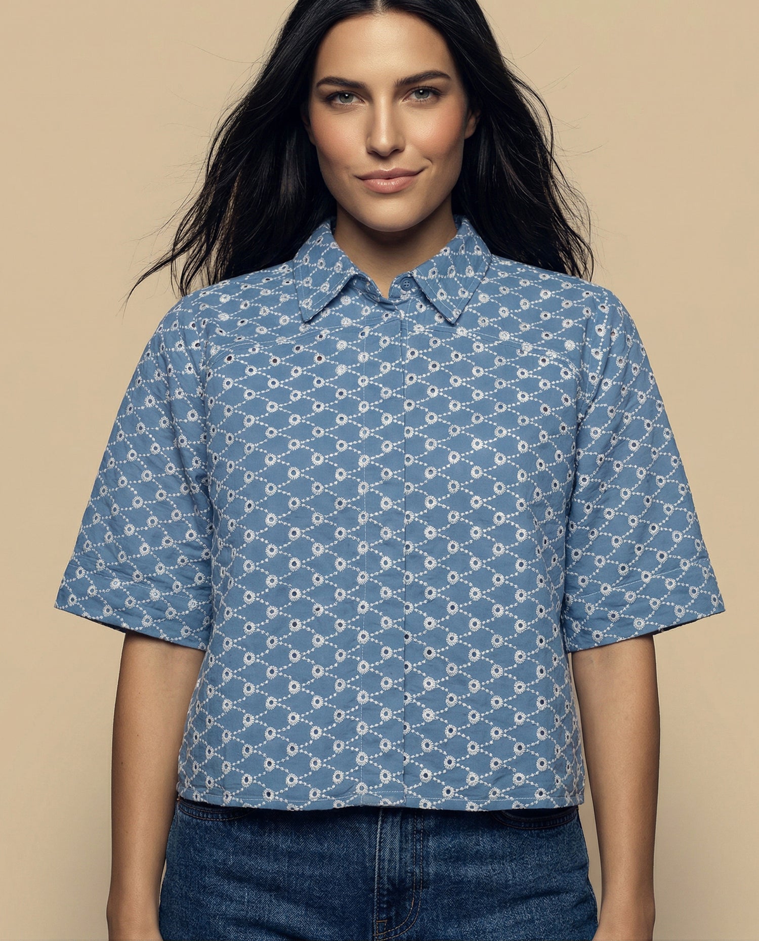 Camisa tejido con textura manga 3/4 cuello camisero - Azul