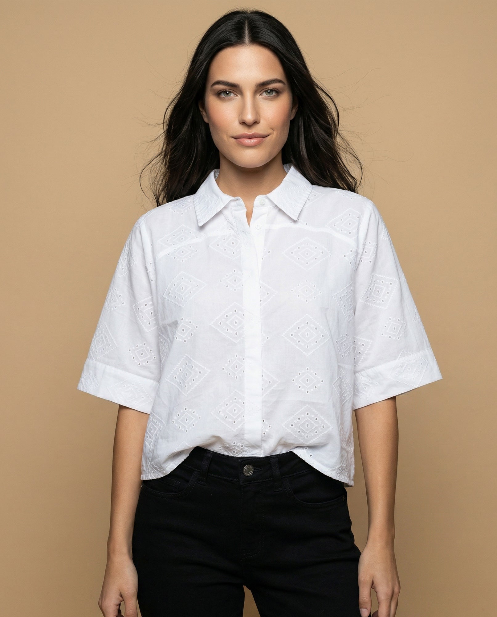 Camisa tejido con textura manga 3/4 cuello camisero - Blanco 34_912H013_BLA114001_0