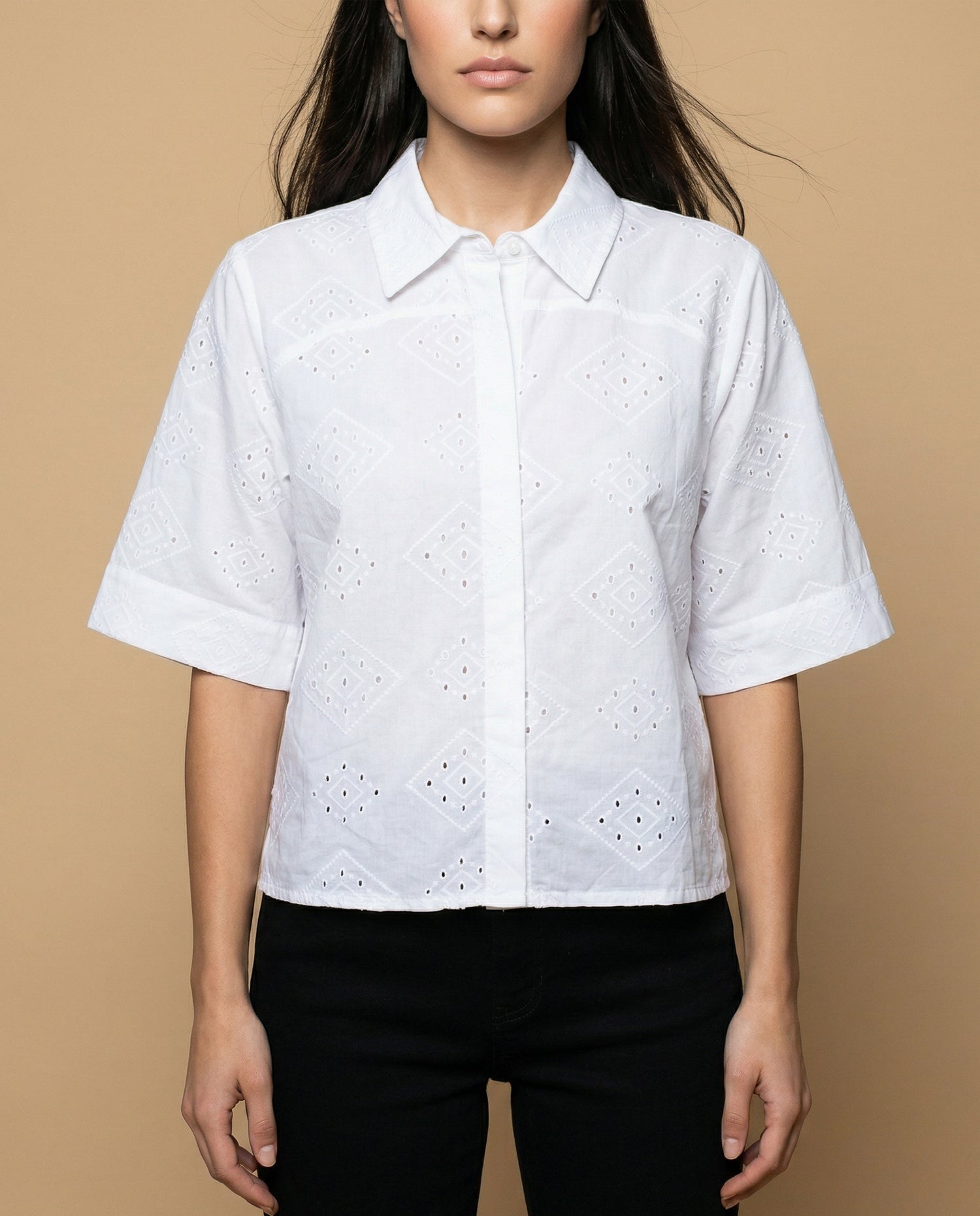 Camisa tejido con textura manga 3/4 cuello camisero - Blanco