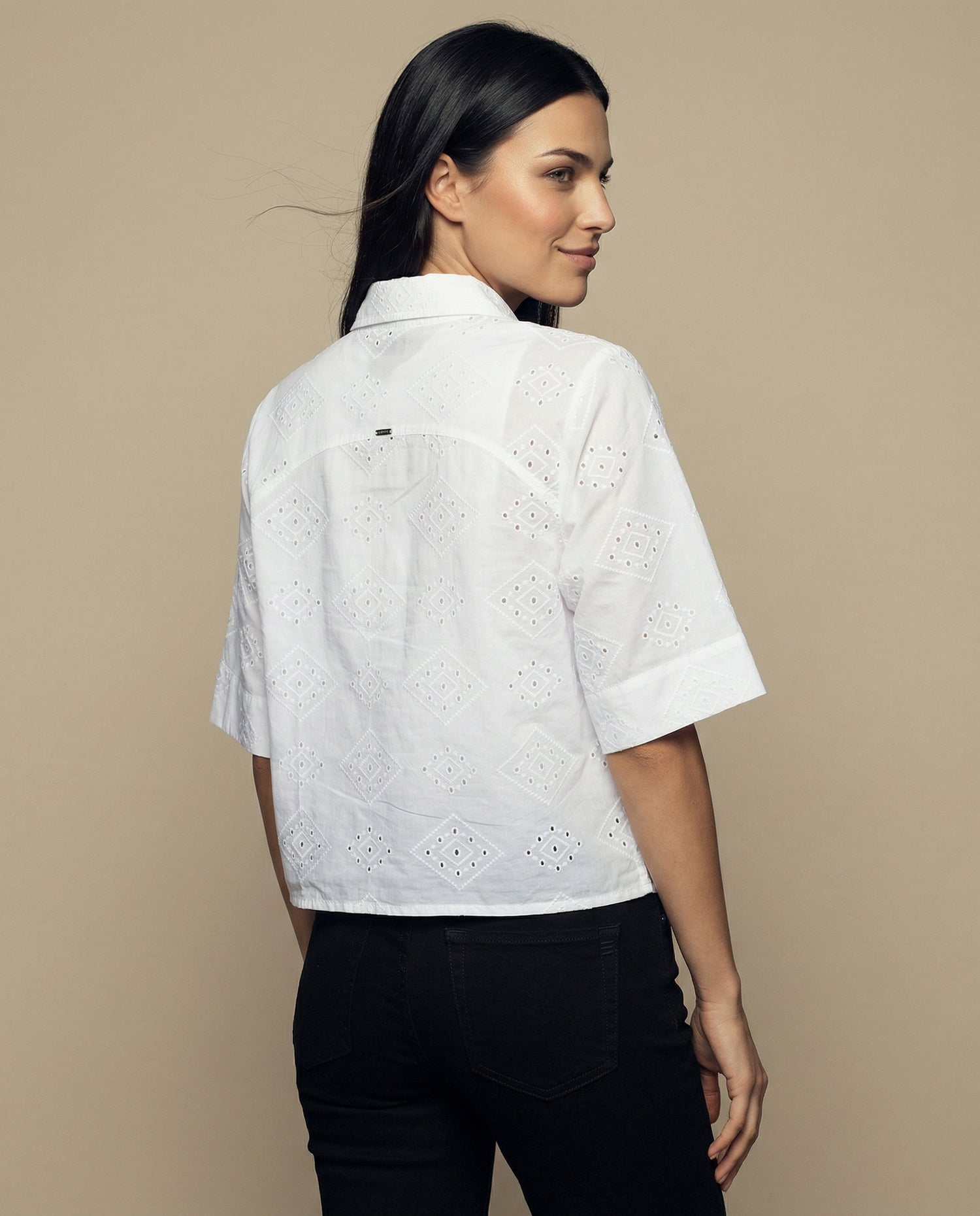 Camisa tejido con textura manga 3/4 cuello camisero - Blanco