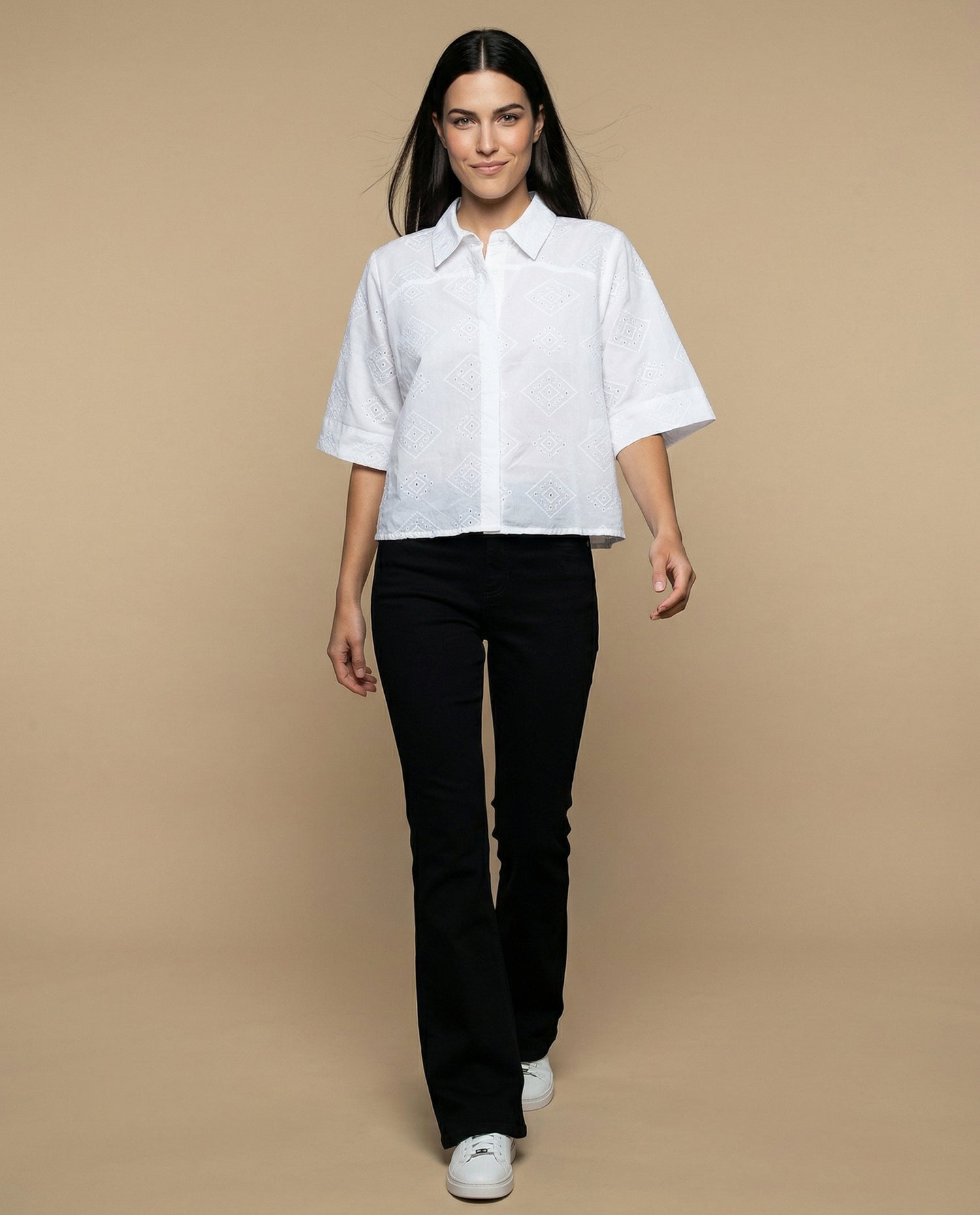 Camisa tejido con textura manga 3/4 cuello camisero - Blanco