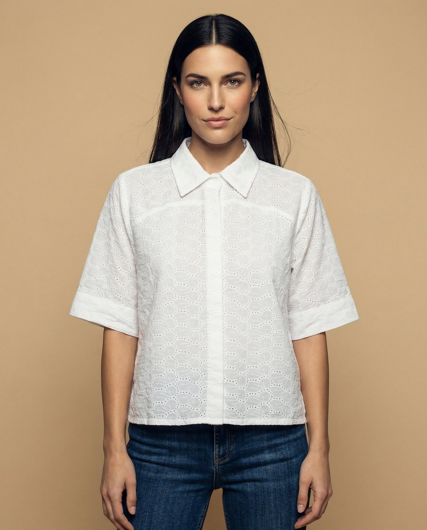 Camisa tejido con textura manga 3/4 cuello camisero - Blanco