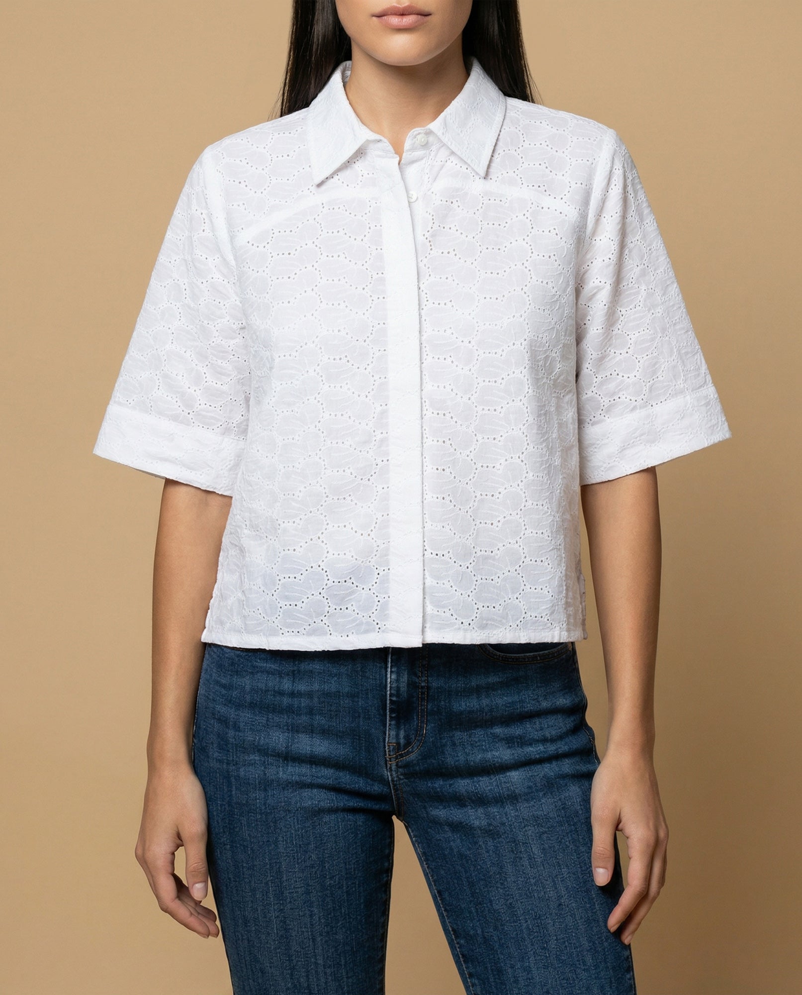 Camisa tejido con textura manga 3/4 cuello camisero - Blanco 34_912H013_BLA114202_3