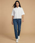 Camisa tejido con textura manga 3/4 cuello camisero - Blanco