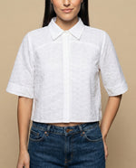 Camisa tejido con textura manga 3/4 cuello camisero - Blanco