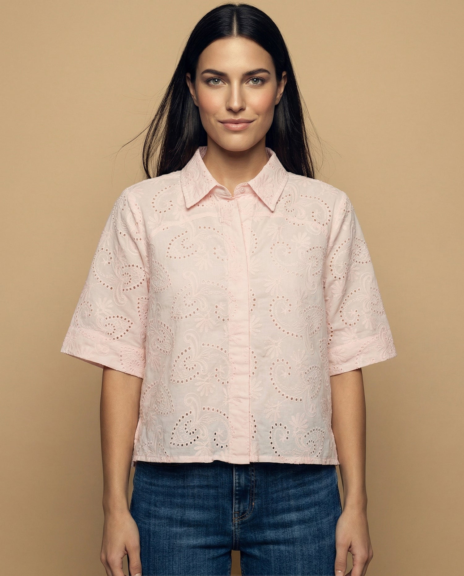 Camisa tejido con textura manga 3/4 cuello camisero - Rosa