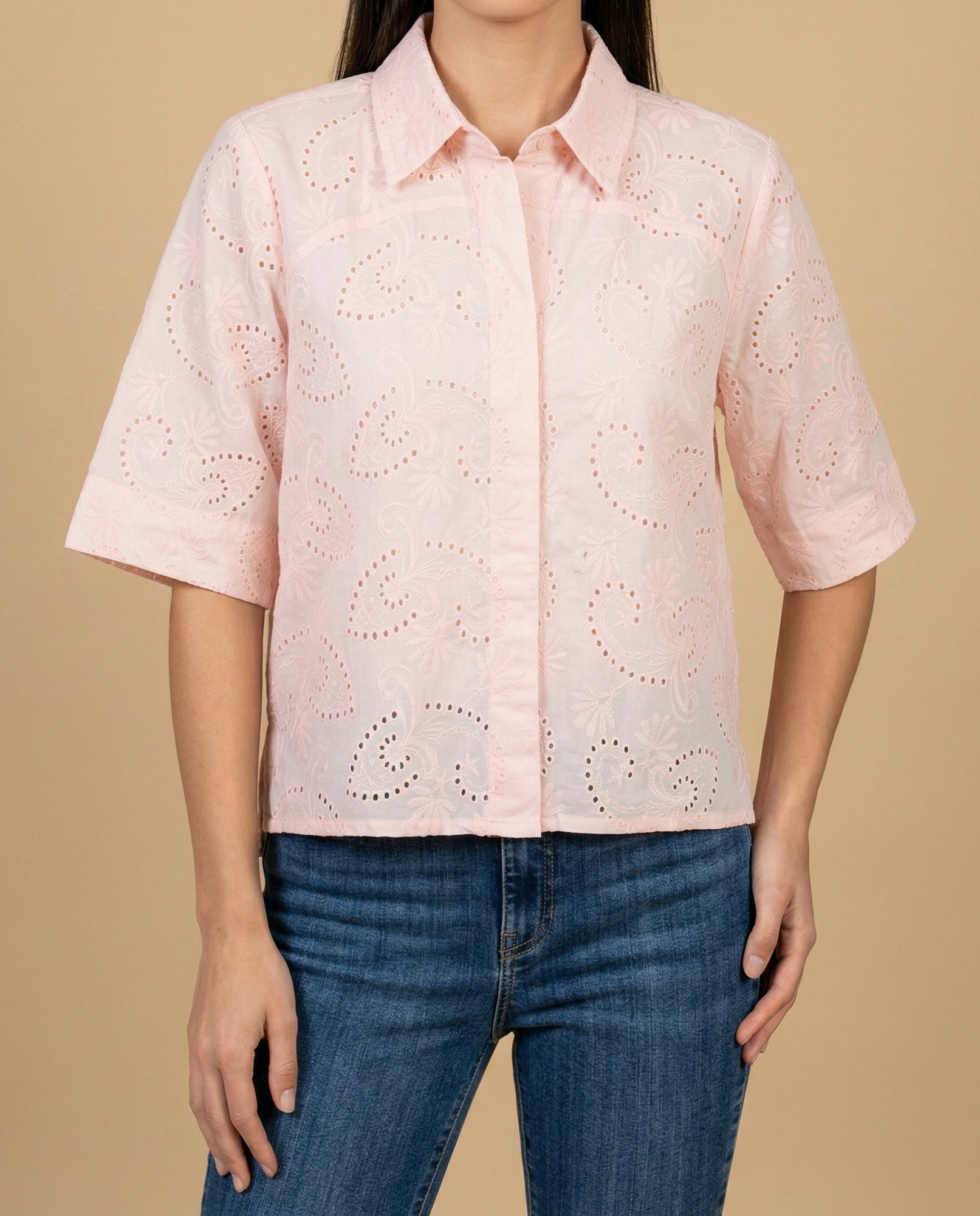 Camisa tejido con textura manga 3/4 cuello camisero - Rosa 34_912H013_ROS131520_3