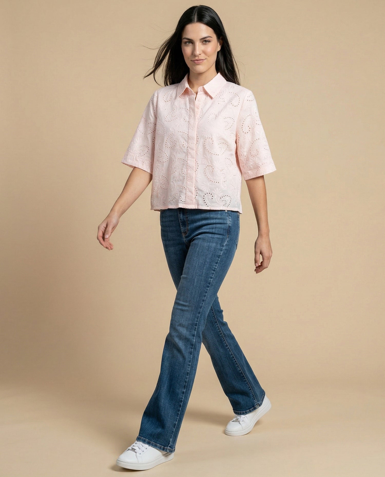 Camisa tejido con textura manga 3/4 cuello camisero - Rosa