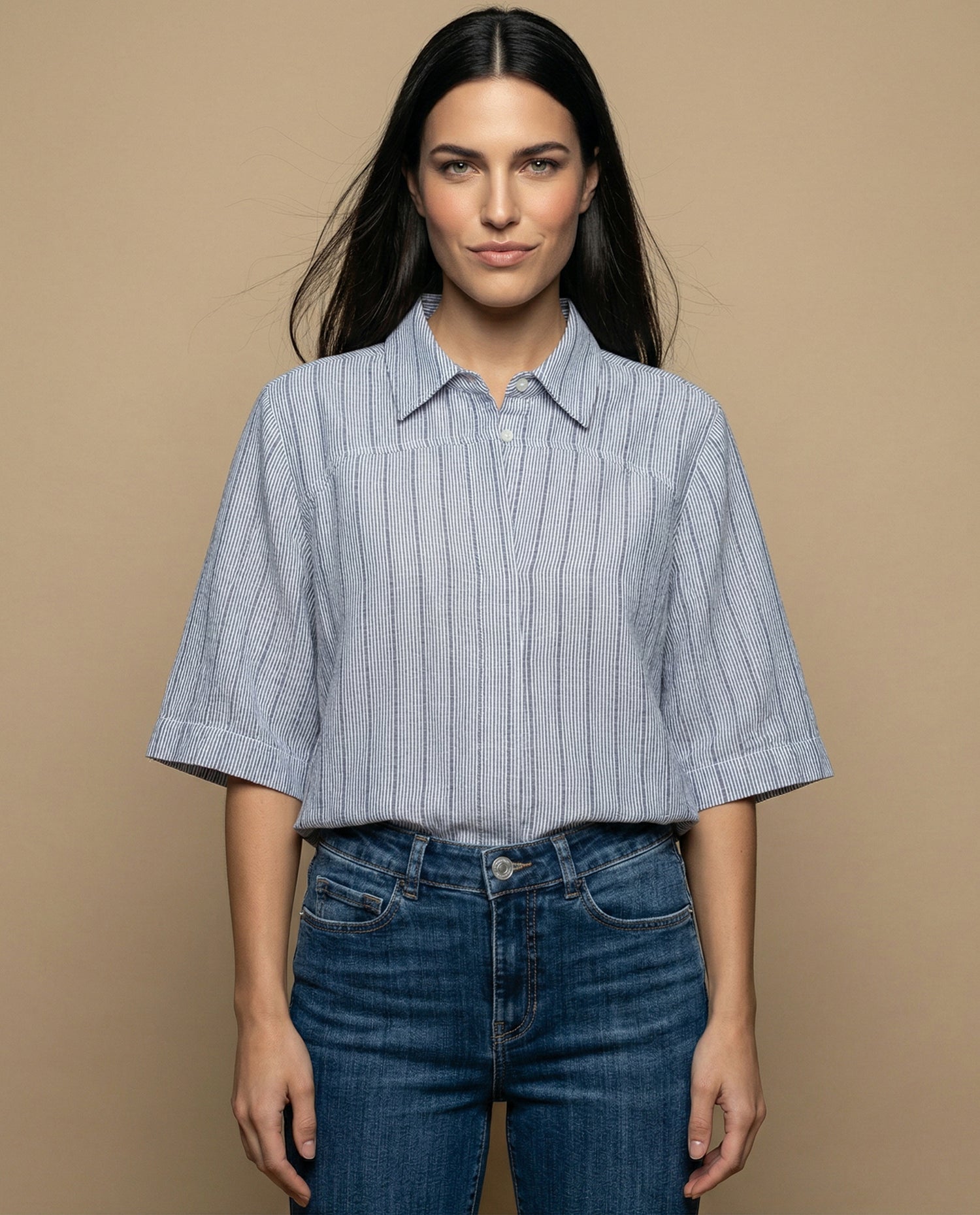 Camisa manga 3/4 cuello camisero - Azul