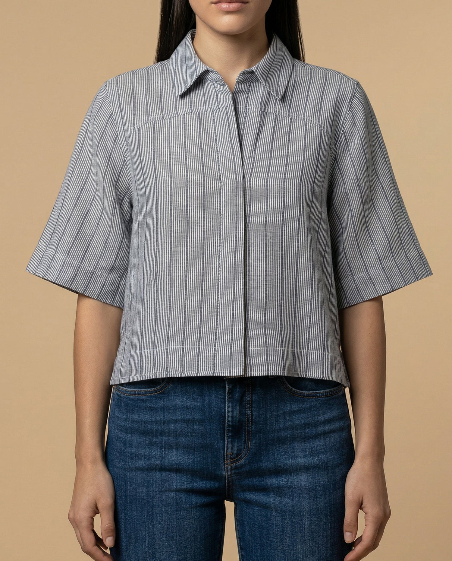 Camisa manga 3/4 cuello camisero - Azul